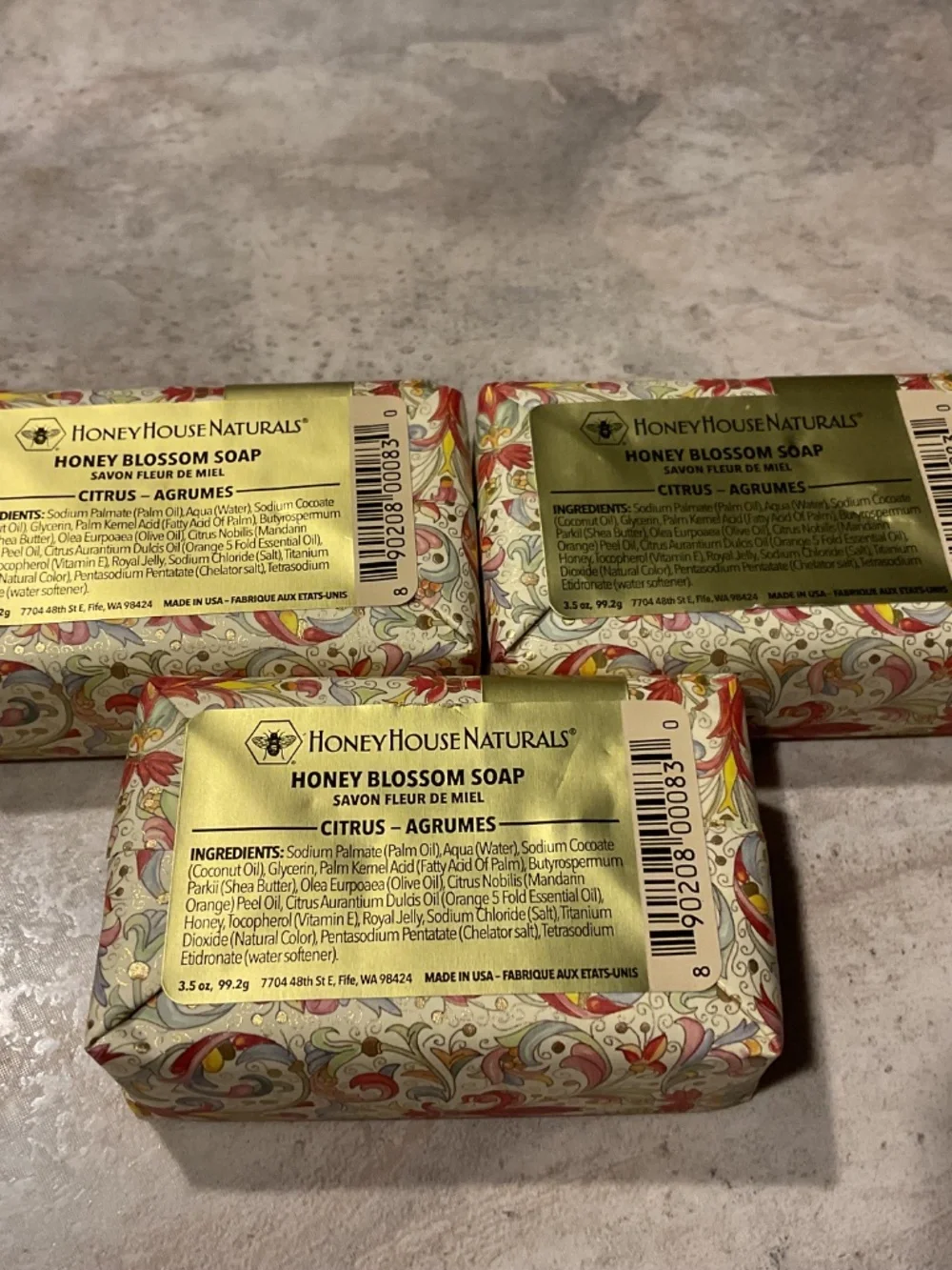 3 Honey House Naturals Honey Blossom Soap Citrus 3.5 oz each New
